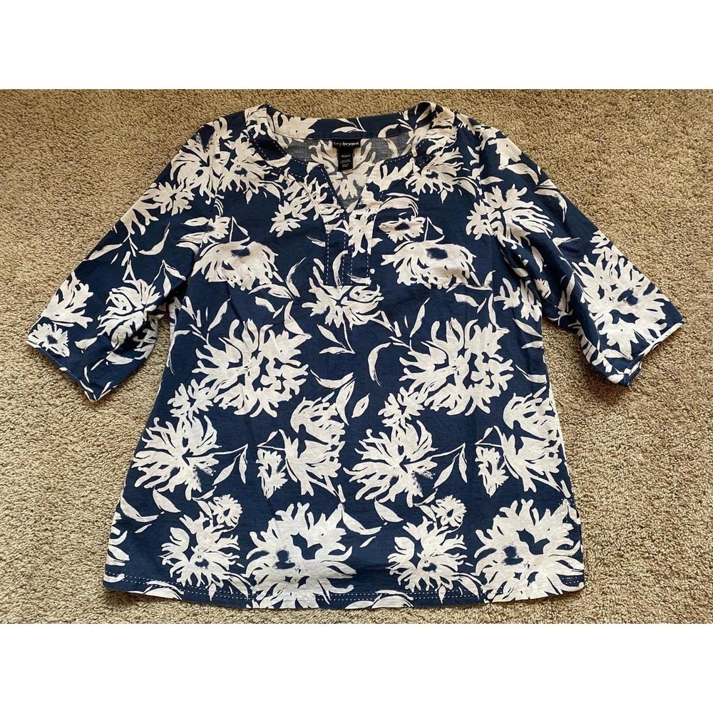 Lane Bryant Shirt 18 - 20 Floral Linen Blend Tunic Blouse Half Sleeve Blue S47